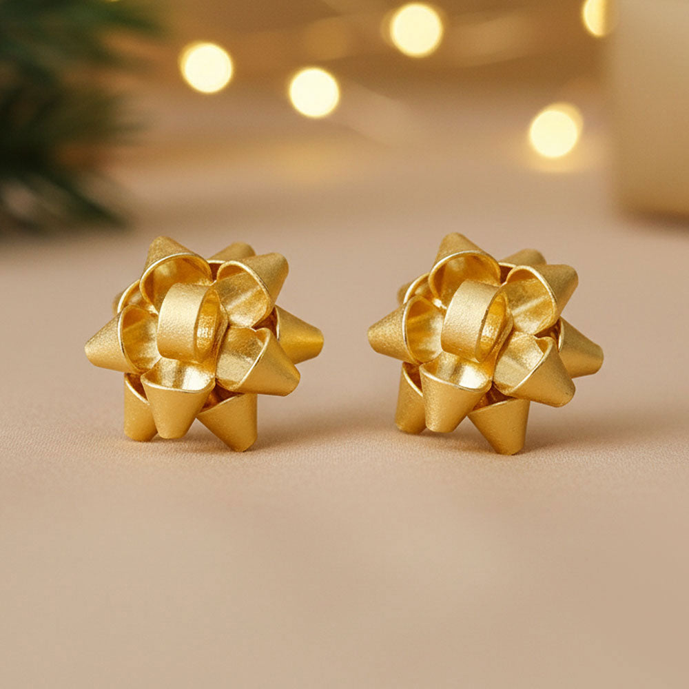 Christmas Bow Metal Stud Earrings Matte Gold