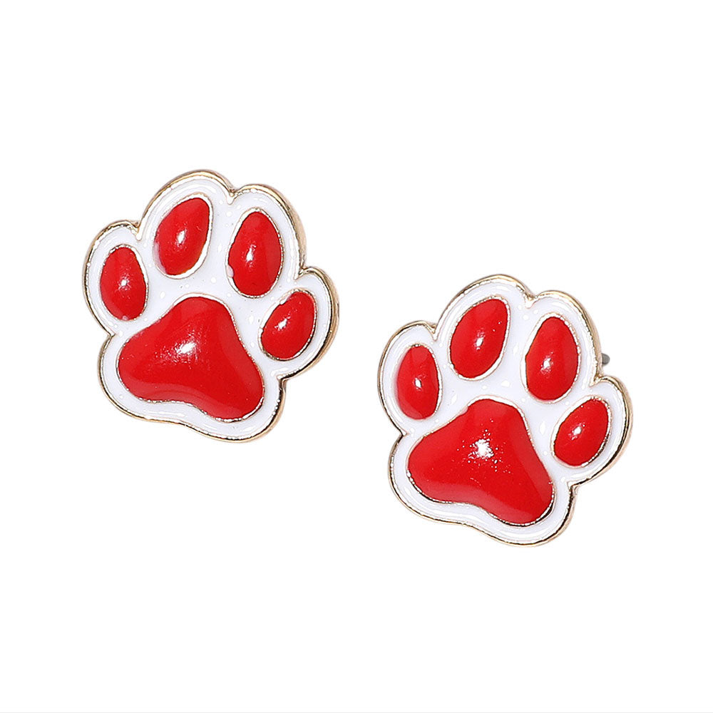 Red White Paw Stud Earrings